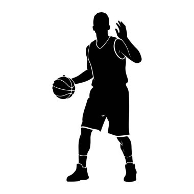 Beyaz arka planda hareket eden siyah bir basketbol oyuncusunun silüeti. Oyuncu bir forma ve şort giyiyor, sol elinde bir basketbol topu tutuyor ve bir jest olarak sağ elini kaldırıyor. Görüntü oyunun dinamik bir anını yakalar..