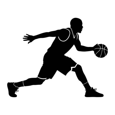 Basketbol oynayan bir erkek basketbolcunun silüeti. Oyuncu bir forma ve beyaz süslemeli şort giyiyor. Şekil, bir bacağı ileri, diğer bacağı bükülmüş bir şekilde orta adım olarak tasvir edilir. Oyuncunun kolları...