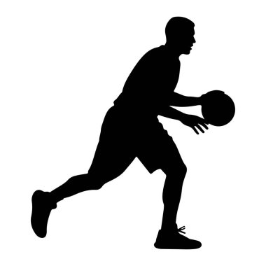 Basketbol oynayan bir erkek basketbolcunun silüeti. Oyuncu şort ve spor ayakkabılı bir tişört giyiyor. Arka plan düz beyaz, sporcunun dinamik duruşunu vurguluyor..