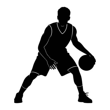 Top süren bir erkek basketbolcunun siyah silueti. Oyuncu bir forma ve şort giyiyor, ayaklarında spor ayakkabıları var. Bu figür dinamik bir pozla tasvir edilmiş, bu da sahada hareket ve eylem izlenimi uyandırıyor. Arka plan sade. 