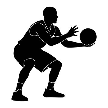 Elinde basketbol topu olan çömelmiş vaziyette duran siyah bir basketbolcunun silüeti. Oyuncu bir forma ve şort giyiyor, çorapları ve spor ayakkabıları var. Oyuncu ve topun ana hatları beyazdır. Arkaplan beyaz.