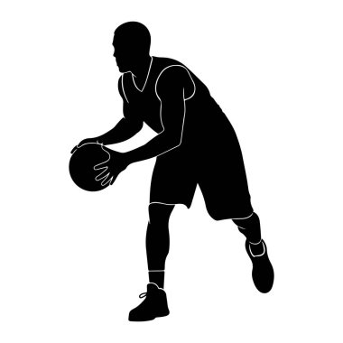 Basketbol oynayan bir erkek basketbolcunun silüeti. Oyuncu forma, şort ve spor ayakkabılardan oluşan bir üniforma giyiyor. Oyuncu ve topun ana hatları ince beyaz bir çizgi ile vurgulanır.