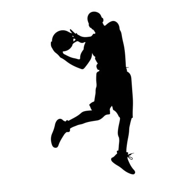 Elinde basketbol topuyla hareket eden siyah bir basketbolcunun silüeti. Oyuncu şort ve atletik ayakkabılar giyiyor, bir bacağı bükülmüş ve diğeriyse uzamış, bu da salya akıtma ya da zıplama eylemi olduğunu gösteriyor. Arkaplan düz beyaz.