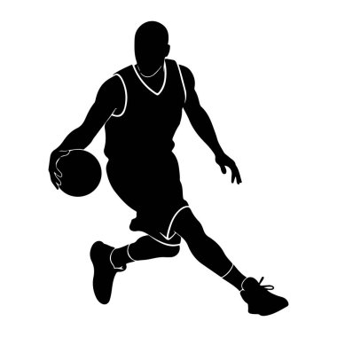 Basketbolcunun hareket halindeki siyah silueti top sürüyor. Oyuncu şort ve ayakkabılı bir üniforma giyiyor. Şekil, dinamik duruşu ve sporun eylemini vurgulayan düz beyaz bir arkaplana karşı tasvir edilmiştir. Şey...