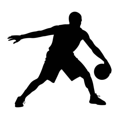 Basketbolcunun hareket halindeki siyah silueti top sürüyor. Oyuncu, bir eli topun üzerinde, diğer eli ise uzatılmış şekilde orta sahada tasvir edilir. Şort ve spor ayakkabısı giyiyor. Arka plan bembeyaz, vurgula