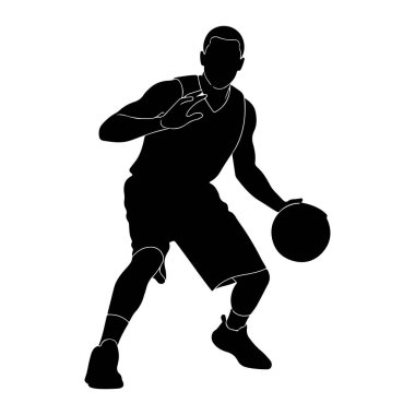 Top süren bir erkek basketbolcunun siyah silueti. Oyuncu bir forma ve şort giyiyor, ayaklarında spor ayakkabıları var. Şekil, bir eli topun yanında, diğer eli ise uzatılmış bir şekilde hareket halindedir. Arka plan sade.