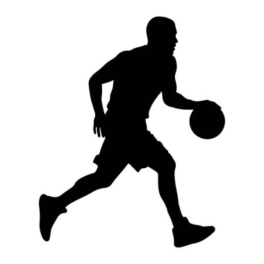 Bir erkek basketbolcunun siyah silueti, top sürerken hareket halinde tasvir edilir. Şekil yandan gösteriliyor, bir bacağı öne doğru uzanıyor ve diğer bacağı bükülüyor, bu da bir koşu ya da sürüş eylemi olduğunu gösteriyor. Oyuncu şort giyiyor.