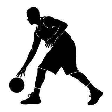 Basketbol oynayan siyah bir siluet. Profilde gösterilen figür, sağ eliyle top sürüyor. Kolsuz bluz ve şort giyiyorlar, ayaklarında spor ayakkabılar var. Arkaplan düz beyaz.