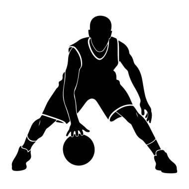 Bir basketbol oyuncusunun silueti hareket halinde, top sürüyor. Oyuncu şortlu, formalı ve spor ayakkabılı bir üniforma giyiyor. Görüntü, temiz çizgilerle ve katıksız siyah-beyaz kontrastla, vurgulu bir grafik gösterimidir.
