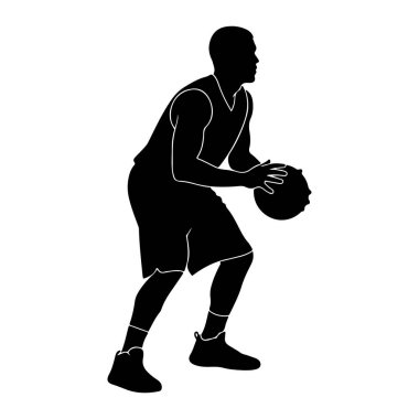 Beyaz arka planda siyah bir erkek basketbolcu silueti tasvir edilir. Oyuncu profilden gösteriliyor, sağa bakıyor, iki elinde de basketbol topu var. O bir forma ve şort giyiyor, ayaklarında spor ayakkabıları var. Şey... 