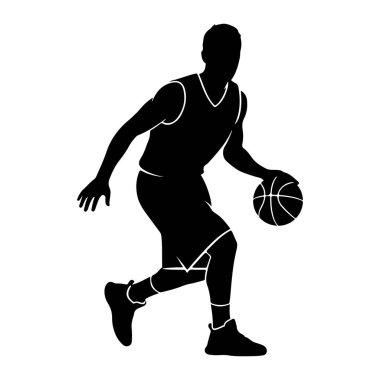 Basketbol oynayan bir erkek basketbolcunun silüeti. Oyuncu bir forma ve şort giyiyor, üzerinde görünür çizgiler var. Şekil, bir eli topun üzerinde, diğer eli ise uzatılmış bir şekilde orta hareketin ortasında çekiliyor. T