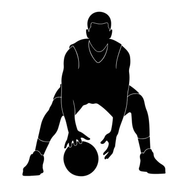Bir basketbol oyuncusunun silueti hareket halinde, top sürüyor. Oyuncu bir üniforma ve spor ayakkabısı giyiyor, vücutları konsantrasyon ve çeviklik içinde eğiliyor. Resim beyaz bir arkaplanda izole edilmiş, altı çizili.