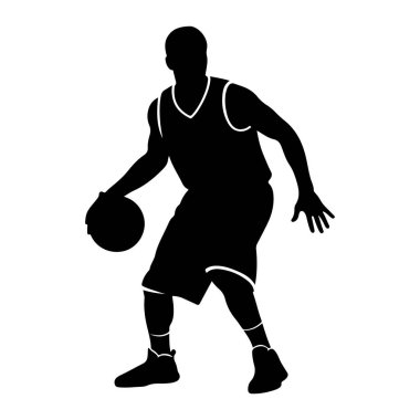 Bir basketbol oyuncusunun silueti hareket halinde, top sürüyor. Oyuncu bir forma ve şort giyiyor, ayaklarında spor ayakkabıları var. Siluet, dinamik duruşu ve atletik hareketi vurgulayan beyaz bir arkaplan üzerinde titrer..