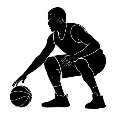 Basketbolcunun hareket halindeki siyah silueti top sürüyor. Oyuncu bir eli topun üzerinde, diğer eli ise uzatılmış olarak yere çömeldi. Oyuncunun vücudu, giysisi ve basketbolun ana hatları beyaza vurgulanır.