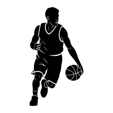 Basketbol oynayan bir erkek basketbolcunun silüeti. O bir forma ve şort giyiyor, vücudu sanki sepete doğru koşuyor ya da sürüyormuş gibi açılı. Görüntü, beyaz arkaplandaki siyahın katıksız kontrastıdır.
