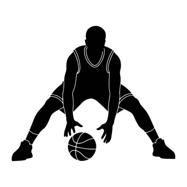 Basketbolcunun hareket halindeki siyah silueti top sürüyor. Oyuncu beyaz desenli bir üniforma giyiyor ve bacakları açık, elleri topa doğru uzanıyor. Arkaplan düz beyaz.