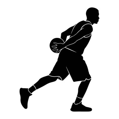 Arkasından basket topu sallayan hareketli bir erkek basketbolcunun siyah silueti. O bir forma ve şort giyiyor, ayaklarında spor ayakkabıları var. Şekil, dinamik duruşları vurgulayan düz beyaz bir arkaplan üzerinde tasvir edilir