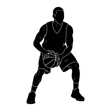 Elinde basketbol topu olan çömelmiş vaziyette duran siyah bir basketbol oyuncusunun silüeti. Oyuncu forma ve şorttan oluşan bir basketbol forması giyiyor. Üniformanın ve basketbolun ana hatları beyaz çizgilerle çizilmiş. T