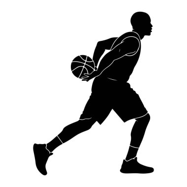 Basketbolcunun hareket halindeki siyah silueti top sürüyor. Oyuncu şort ve çorap ve spor ayakkabılı bir forma giyiyor. Görüntü, beyaz arkaplan karşısında, oyuncunun beyaz arkaplanını vurgulayan temiz ve grafik bir gösterimidir. 