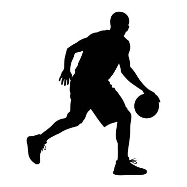 Basketbolcunun hareket halindeki siyah silueti top sürüyor. Oyuncu şort ve ayaklarında spor ayakkabıları olan bir tişört giyiyor. Şekil, dinamik duruşu ve hareketli duruşu vurgulayan düz beyaz bir arkaplan üzerinde resmedilmiştir. 