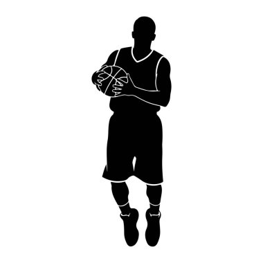 Basketbol topu tutan siyah bir basketbolcunun silüeti. Oyuncu, çorapları ve ayakkabıları görünen bir forma ve şort giyiyor. Arkaplan beyaz.