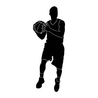 Basketbol topu tutan siyah bir basketbolcunun silüeti. Oyuncu bir forma ve şort giyiyor. Oyuncu ve topun ana hatları beyaz bir arkaplanda görünür. Oyuncu hareket halinde, muhtemelen ateş etmeye hazırlanıyor.