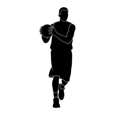 Beyaz arka planda siyah bir erkek basketbolcu silueti tasvir edilir. Oyuncu belden aşağısı, iki eli göğsünün önünde bir basketbol topu tutuyor. Kolsuz bir forma ve şort giyiyorlar.