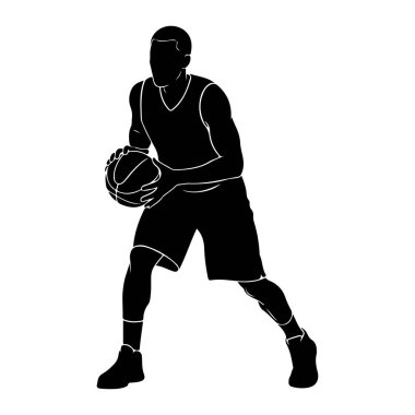 Elinde basketbol topuyla hareket eden siyah bir basketbolcunun silüeti. Oyuncu spor ayakkabılı bir forma ve şort giyiyor. Oyuncu ve topun dış çizgisi düz beyaz arkaplan üzerine beyazla vurgulanır.
