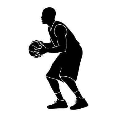 İki eliyle basketbol topu tutan çömelmiş vaziyette duran siyah bir basketbolcu silueti. Oyuncu kolsuz bir forma ve şort giyiyor, çorapları ve spor ayakkabıları var. Görüntü beyaz arkaplanda.
