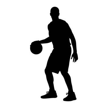 Beyaz arka planda siyah bir erkek basketbolcu silueti tasvir edilir. Oyuncu, sağ eliyle top sürerken hareket halinde gösteriliyor. Onlar atletik şort ve ayakkabı giyiyorlar, görünür bir t-shirt 'ü var. Şeyi...