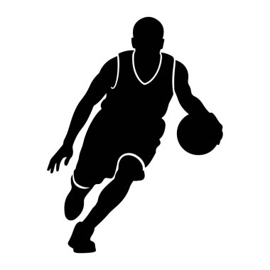 Basketbol oynayan siyah bir siluet. Rakam bir basketbol forması giyiyor ve topun top sürme sürecinde. Siluet, oyuncunun hareketini ve dinamik duruşunu vurgulayan beyaz bir arkaplanda izole edilmiştir..