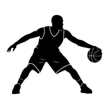 Basketbolcunun hareket halindeki siyah silueti top sürüyor. Oyuncu bir forma ve şort giyiyor. Siluet, dinamik duruşu ve sporun hareketini vurgulayan beyaz bir arkaplana karşı katıdır. Jer 'in çizgileri