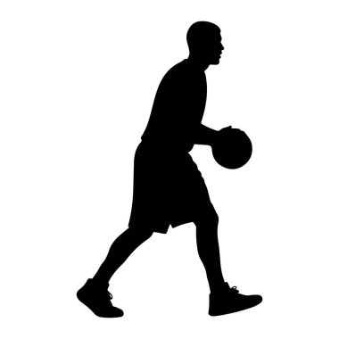 Beyaz arka planda siyah bir erkek basketbolcu silueti tasvir edilir. Oyuncu profilde, orta sahada, top sürerken gösteriliyor. O şort ve spor ayakkabıları giyiyor. Poz hareketi ve oyuna odaklanmayı öneriyor..