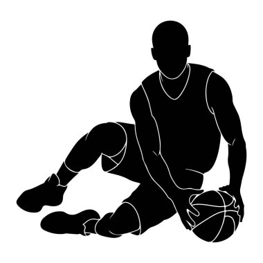 Bir erkek basketbolcunun siyah silueti, bir basketbol topuyla yerde oturan dinamik bir pozla tasvir edilir. Oyuncu bir basketbol forması ve şortu giyiyor, beyaz çizgiler kıyafetinin ve basketbolun kenarlarını belirliyor. Onun.