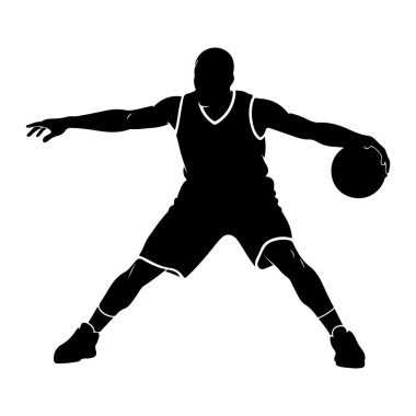 Bir basketbol oyuncusunun silueti hareket halinde, top sürüyor. Oyuncu şortlu ve formalı bir basketbol forması giyiyor. Poz, bir eliyle topu kontrol ederken diğer eliyle uzattığı için çevikliği ve odaklanmayı gösteriyor. Şey...