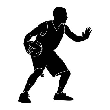 Siyah bir basketbol oyuncusu silueti, sol eliyle top sürüyor ve sağ eli defansif olarak kaldırılıyor. O bir forma ve şort giyiyor, ayaklarında spor ayakkabıları var. Arkaplan düz beyaz.
