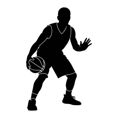 Hareket halindeki bir basketbolcunun siyah silueti, sol eliyle basket topu sürüyor. Oyuncu kolsuz bir forma ve şort giyiyor ve spor ayakkabıları var. Sağ elleri kalkar, savunmaya geçmeyi ya da hazırlanmayı önerir.