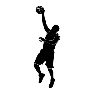 Havadaki bir basketbol oyuncusunun siyah silueti, basketbol topunu batırmak için tek koluyla uzanıyor. Oyuncu kolsuz bir forma ve şort giyiyor, sanki atlama sürecindeymiş gibi bacakları bükülmüş. Arka plan düz beyaz, vurgula