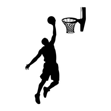 Havada bir basketbol oyuncusunun silueti basket topunu potaya sokmak için uzanıyor. Oyuncu şort giyiyor ve bir kolu topa doğru uzanıp diğerini uzatarak hareket ediyor gibi görünüyor. Basketbol potası ve...