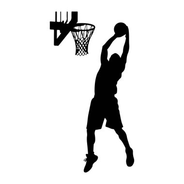 Havada smaç yapan siyah bir basketbol oyuncusunun silüeti. Oyuncu kafasının üstünde bir basket topu tutuyor ve potaya çarpmak üzere. Basketbol potası ve ağ da siluetle tasvir edilmiştir. Arka plan sade Whit.