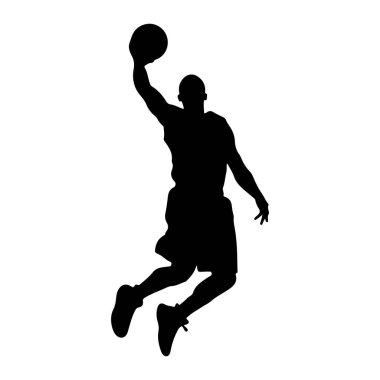 Havada smaç yapan siyah bir basketbol oyuncusunun silüeti. Oyuncu şort ve bir koluyla basketbol topunu potanın üstünde tutan bir forma giyiyor. Diğer kol denge için uzatıldı. Görüntü sade bir beyaza göre ayarlanmış.