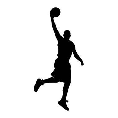 Siyah bir basketbol oyuncusunun silüeti havada, kafasının üstünde basket topunu tutuyor, smaç basmaya hazır. Oyuncu şort ve spor ayakkabı giyiyor. Arkaplan düz beyaz.