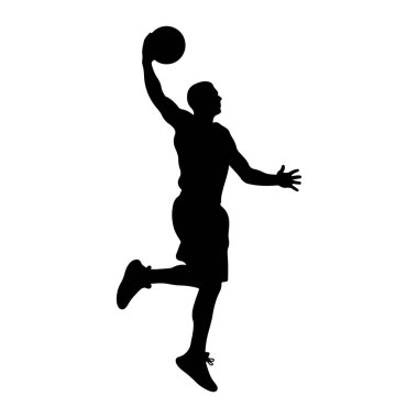 Havada smaç yapan siyah bir basketbol oyuncusunun silüeti. Oyuncu bir koluyla bir basket topunu başının üstünde tutarken, diğer kolu dışa doğru uzanıyor. Oyuncunun bacakları bükülür, bir bacağı kalkar ve diğeri uzar.