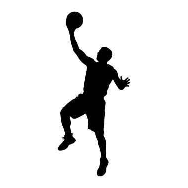 Havada smaç yapan siyah bir erkek basketbolcunun silüeti. Oyuncu, sağ kolu yukarı doğru uzanmış bir basketbol topunu başının üstünde tutuyor. Sol kolları bükülüp denge için dışa doğru uzanıyor. Şort giyiyorlar.