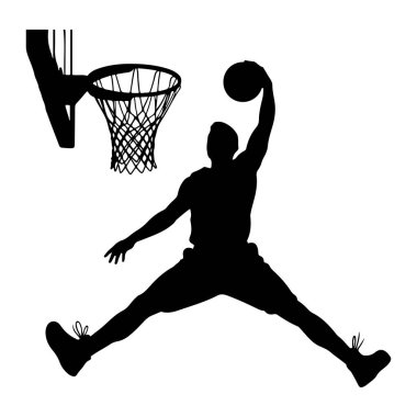 Havada smaç yapan siyah bir basketbol oyuncusunun silüeti. Oyuncu tek eliyle bir basket topunu kafasının üstünde tutarken, bacakları dinamik bir pozda geniş bir alana yayılıyor. Ağlı bir basketbol potası sol tarafta görünür. 