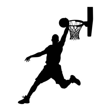 Havada smaç yapan siyah bir basketbol oyuncusunun silüeti. Oyuncu topu çembere atmak için tek koluyla uzanıyor, ağ görünür durumda. Oyuncunun bedeni açılıdır, bacakları açılıdır ve kolları açılıdır.