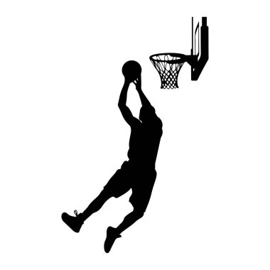 Havada bir basketbol oyuncusunun silueti basket topunu potaya sokmak için uzanıyor. Oyuncu şort ve kolları havada, bacakları açık bir forma giyiyor. Basketbol potası ve ağ yine siluetle tasvir edilmiş.