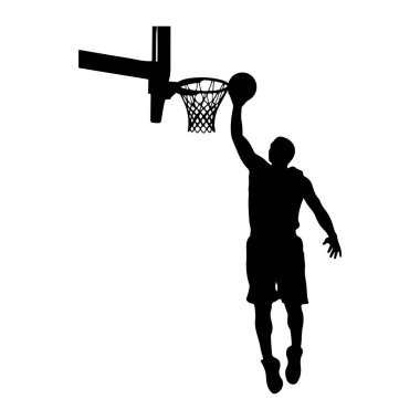Havada bir basketbol oyuncusunun silueti basket topunu potaya sokmak için uzanıyor. Oyuncu şort ve forma giyiyor. Basketbol potası ve ağ da siluette görünür. Arkaplan düz beyaz.