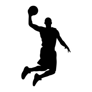 Siyah bir basketbol oyuncusunun silüeti havada, kafasının üstünde basket topunu tutuyor, smaç basmaya hazır. Oyuncu şort ve forma giyiyor, bir bacağı öne doğru uzanıyor ve diğeri bükülüyor. Arka plan bembeyaz, dy 'yi vurguluyorum.