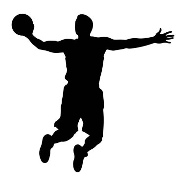 Havada smaç yapan siyah bir basketbol oyuncusunun silüeti. Oyuncu bir elinde basketbol topu tutuyor ve kollarını açıyor. Şekil, dinamik duruş ve atletik akti vurgulanarak beyaz bir arkaplan üzerinde resmedilmiştir.